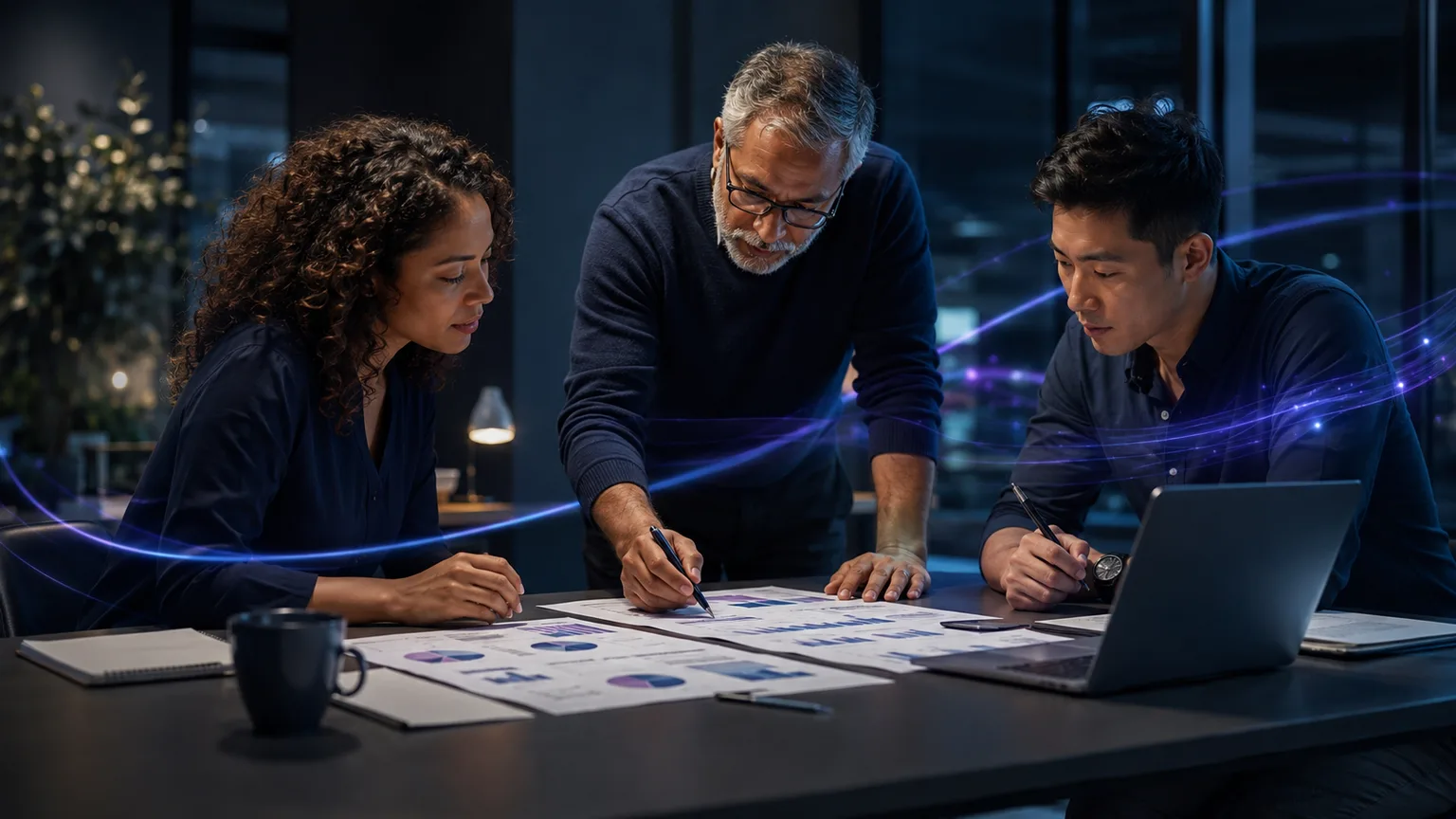 Three people reviewing printed charts and data at a table in a business setting.