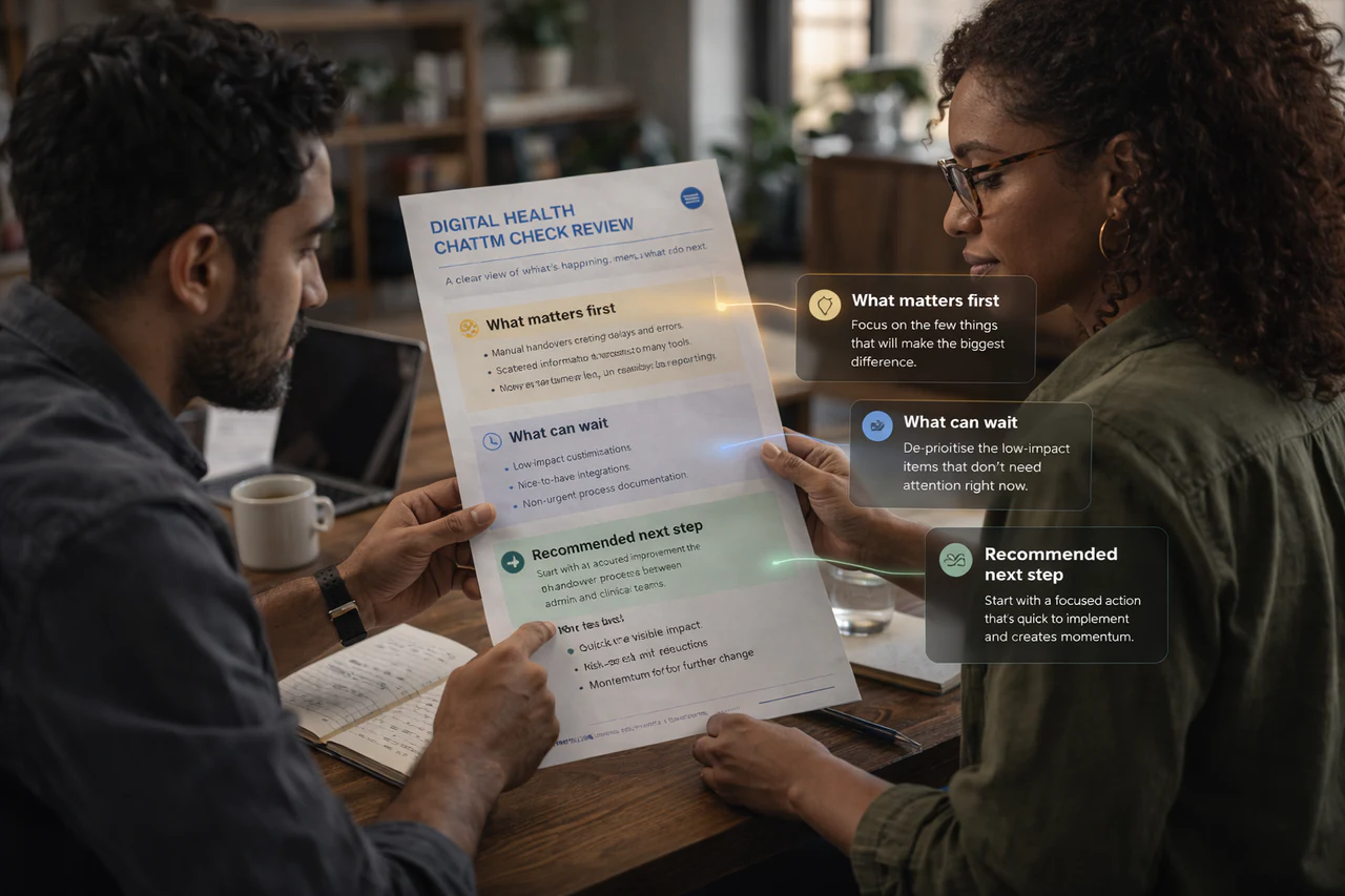 Someone reviewing a printed Digital Health Check report at a real desk; light callouts on the page highlight what matters first, what can wait, and the recommended next step.