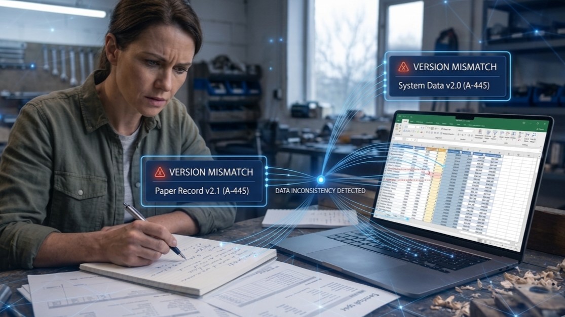 Business owner comparing paper records and spreadsheet data where version mismatches create friction