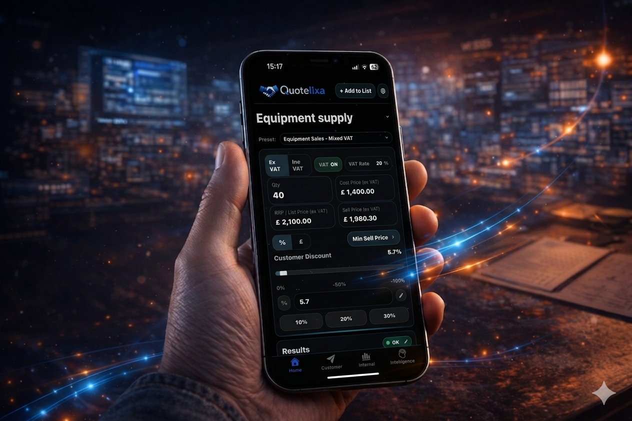 Quotelixa app screen showing quote pricing and margin details